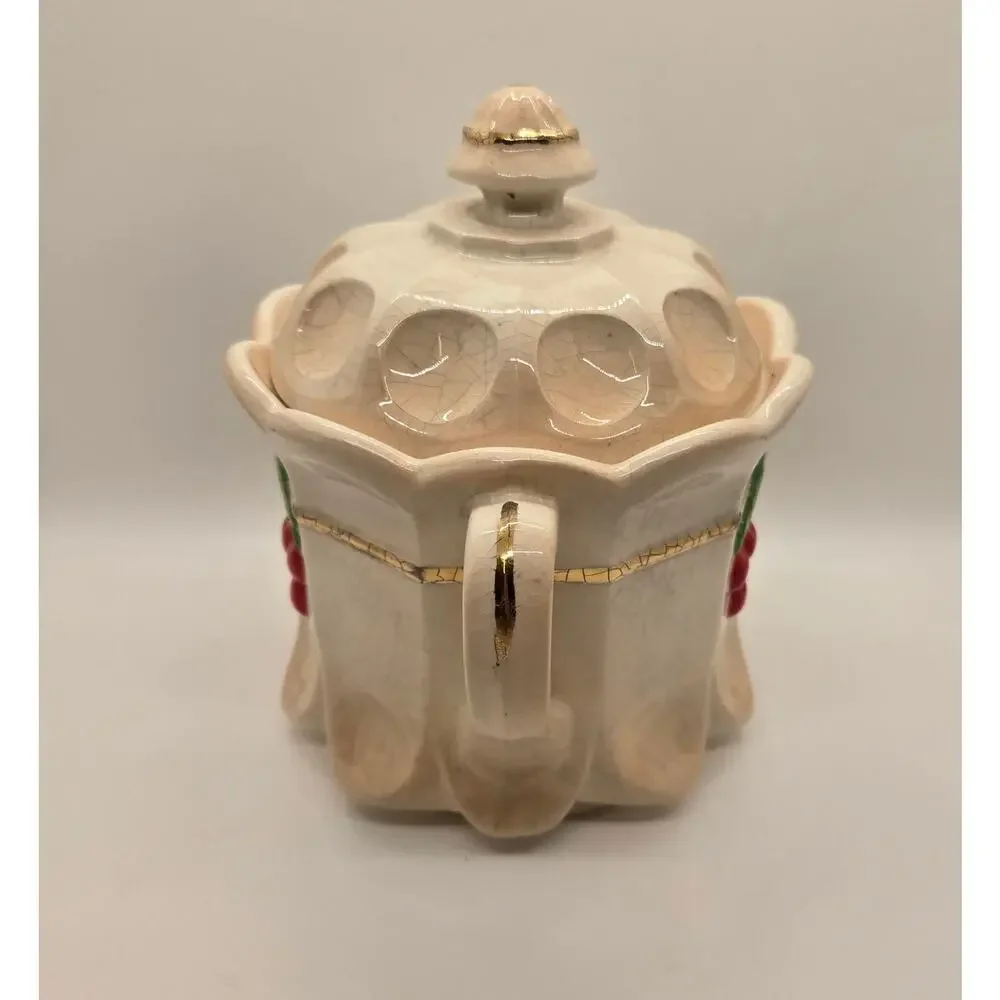 Vintage Westmoreland Milk Glass Hand Painted Cherry Thumbprint Panel Cookie Jar